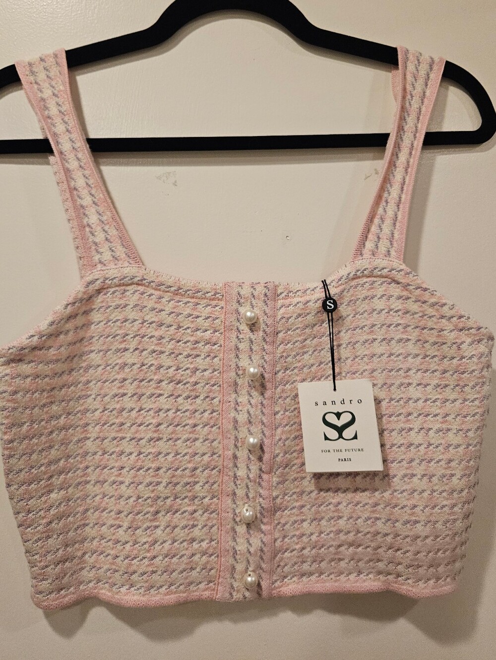 SANDRO Daniella Tweed Cropped Top Rose Pink $220 Paris Size Small NWT